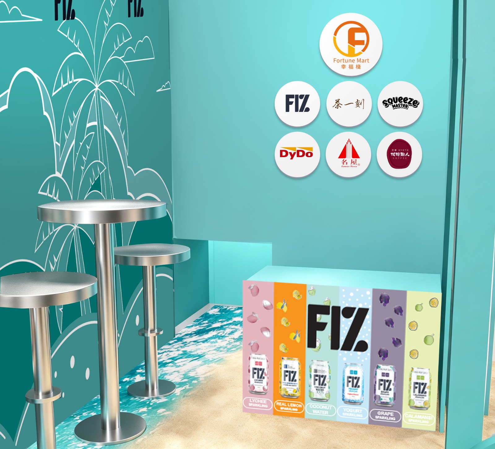 3D rendering of rear FIZ visitor area with standing tables, round brand sign, beverage-pack display blocks and sand-themed floor graphics