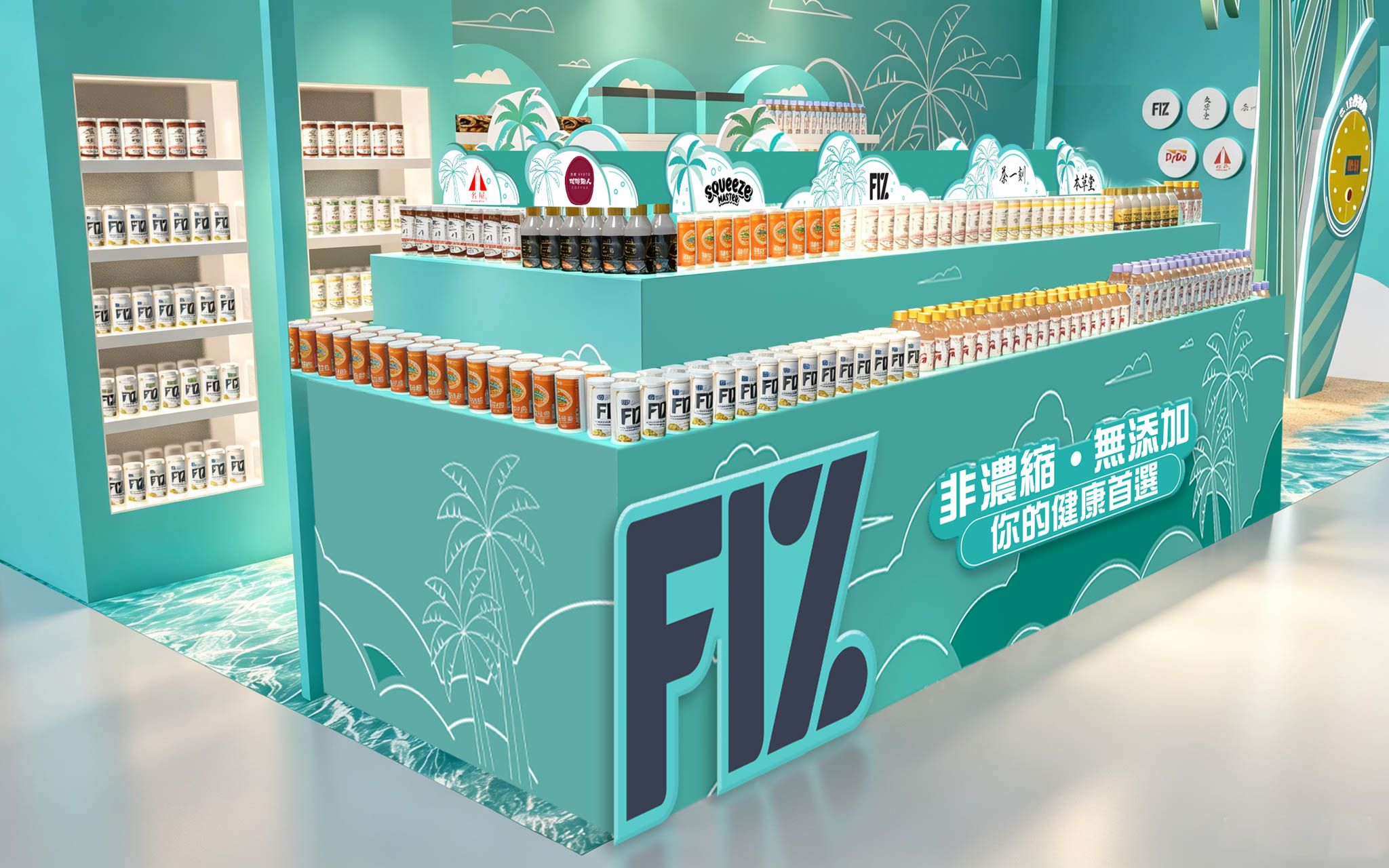 3D rendering of FIZ product counter and internal shelving for different beverage lines