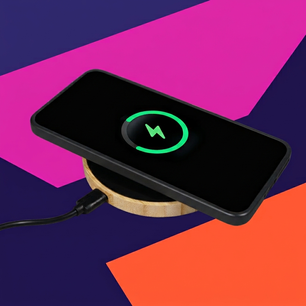 15W Light Up Logo Round Bamboo Fast Wireless Charger
