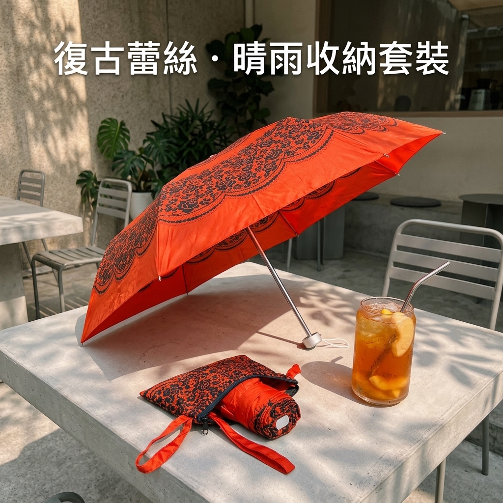 Vintage Lace & Rose Pattern Orange-Red Foldable Umbrella with Matching Zipper Pouch: Marketing & Branding Asset
