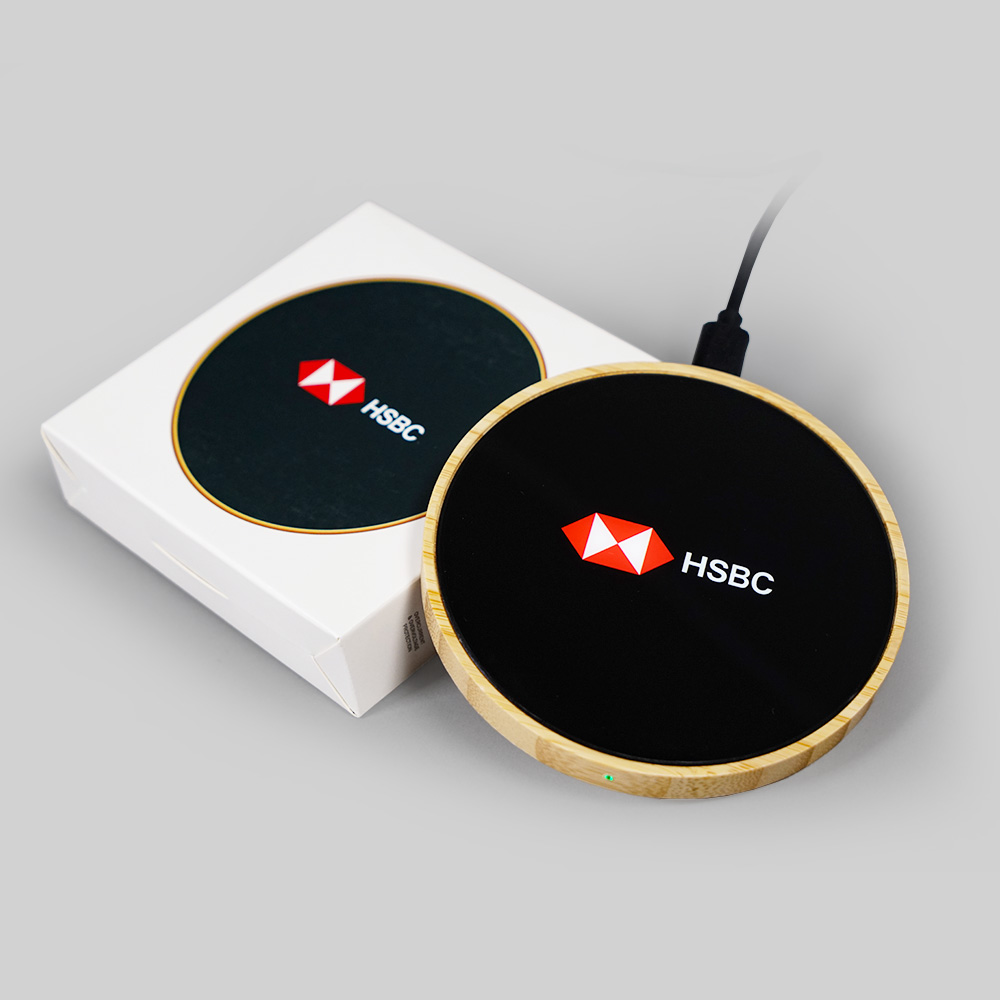 15W Light Up Logo Round Bamboo Fast Wireless Charger