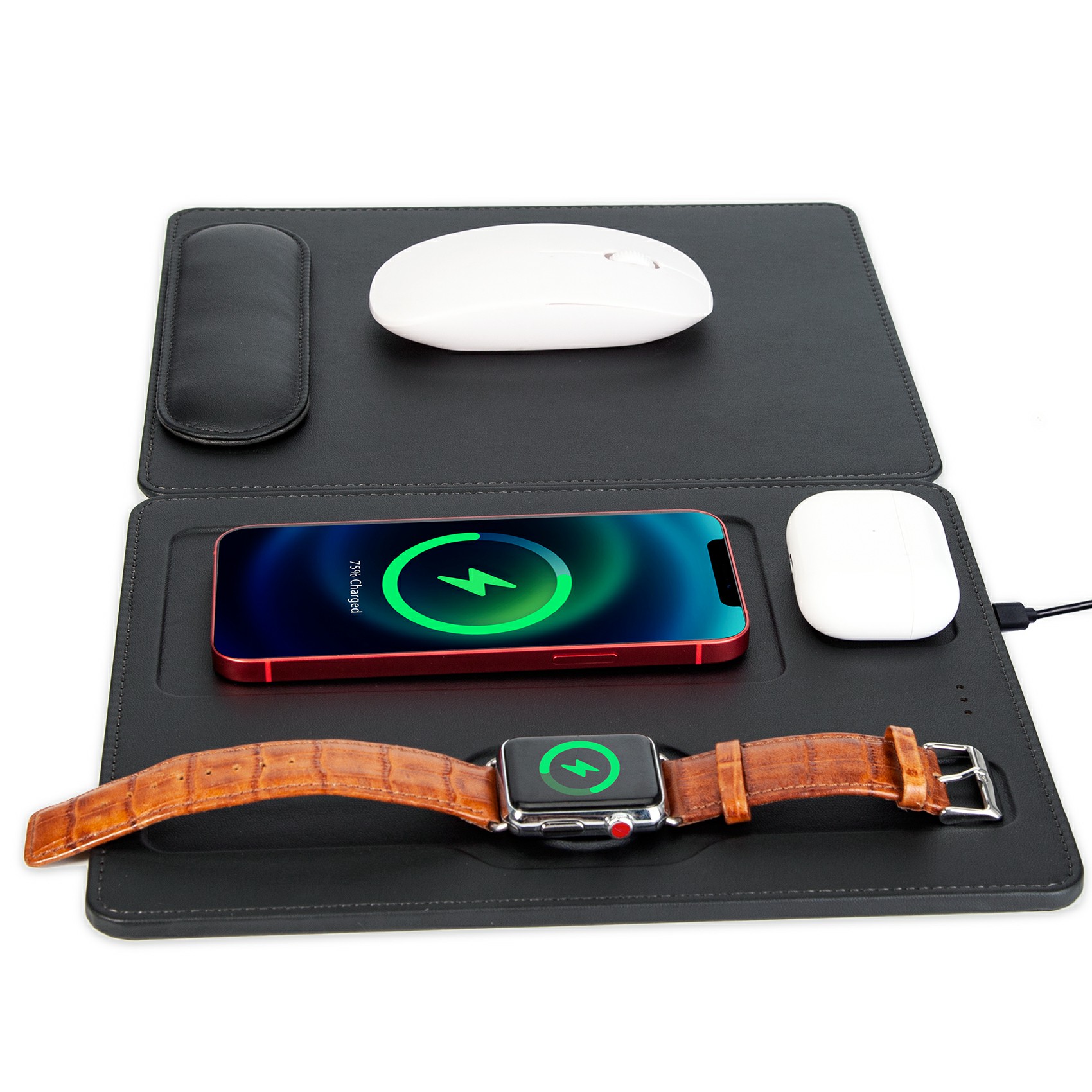 PU 3 in 1 Wireless Charger with Foldable Mouse Pad