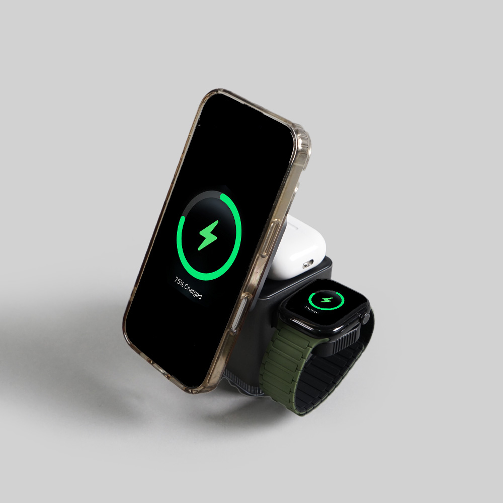 3 in 1 Wireless Chargers Cube Station (Black) with Night Light