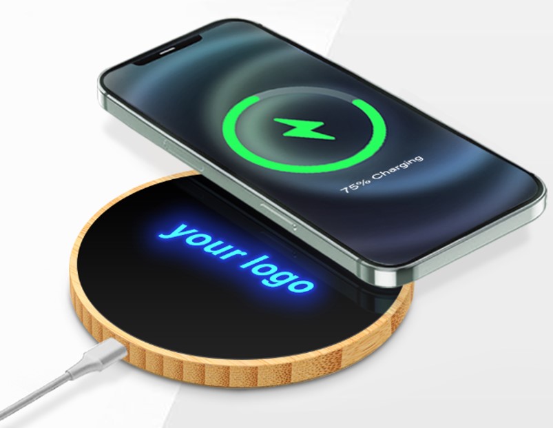 15W Light Up Logo Round Bamboo Fast Wireless Charger | Slim Eco-Friendly Corporate Gift