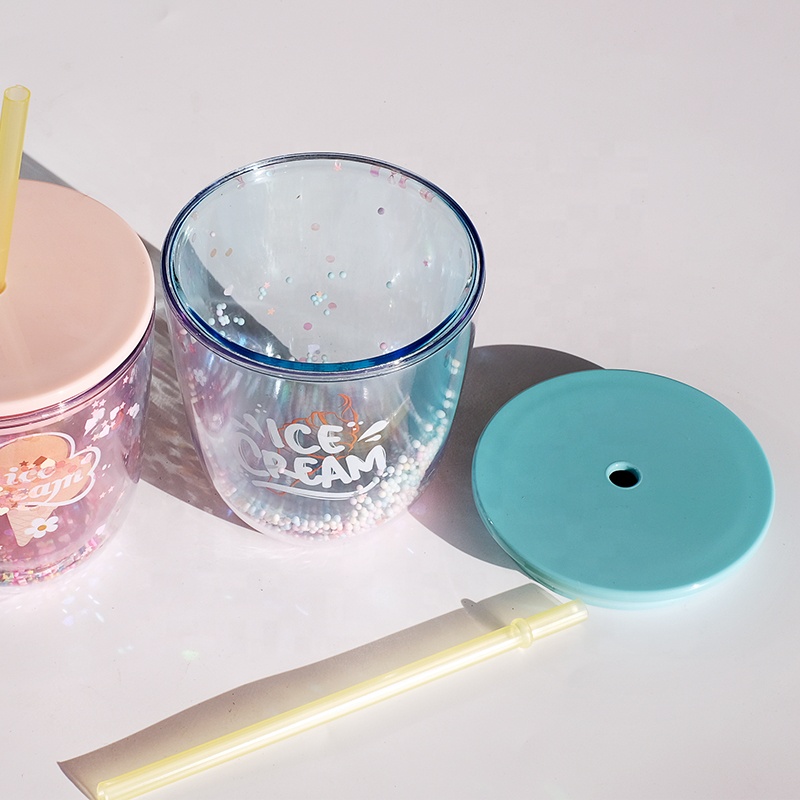 Double Wall Plastic Cup with Lid and Straw
