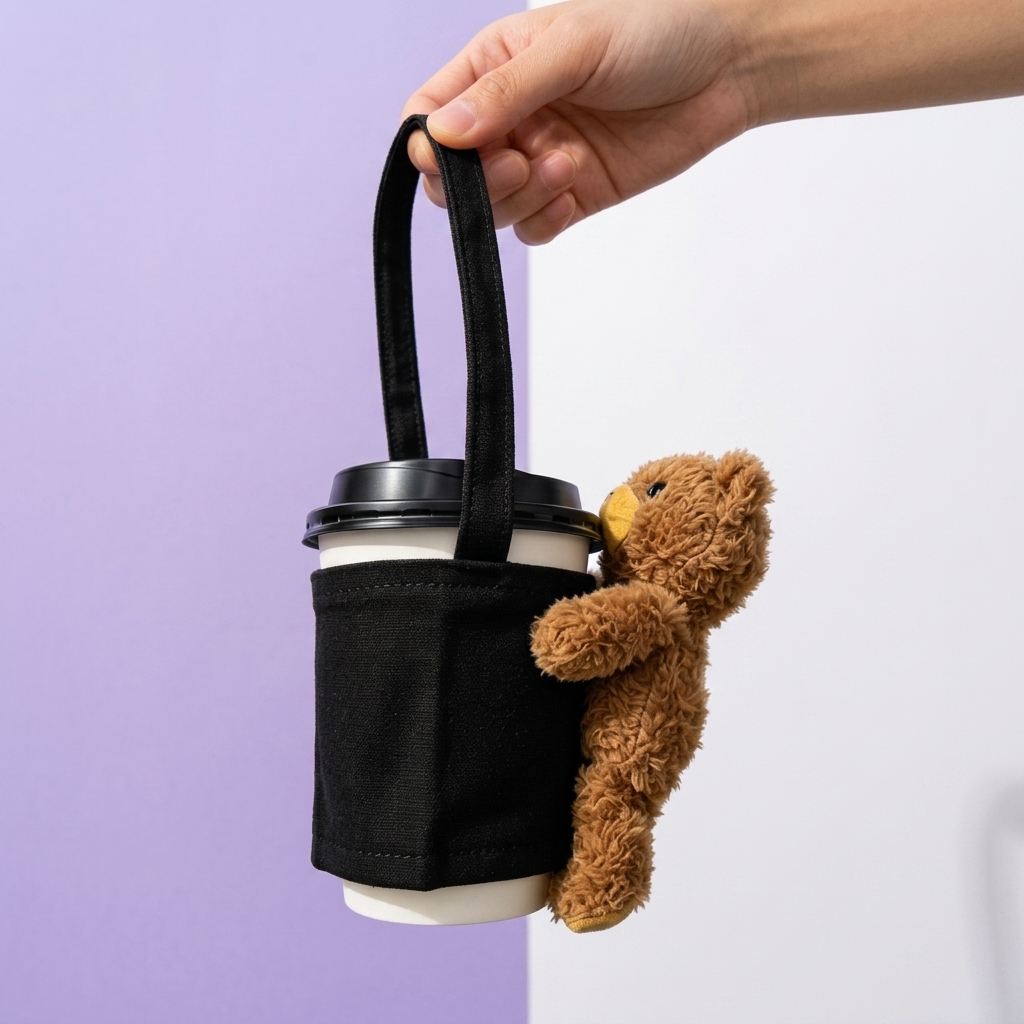 Custom Plush Bear Coffee Cup Sleeve with Removable Doll