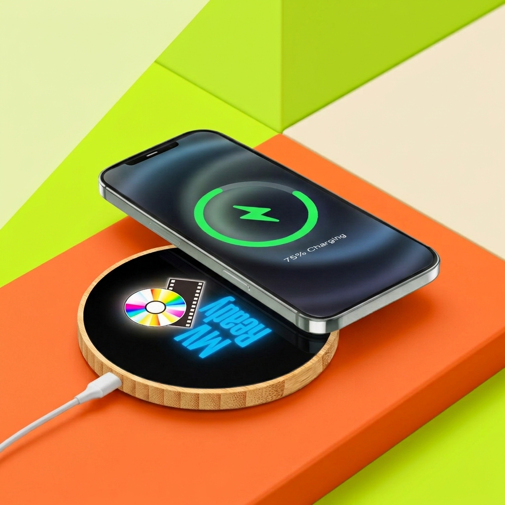 15W Light Up Logo Round Bamboo Fast Wireless Charger