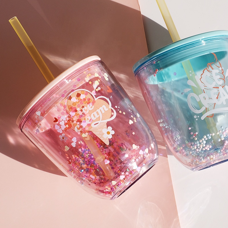 Double Wall Plastic Cup with Lid and Straw
