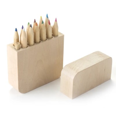 Colored pencils in wooden box