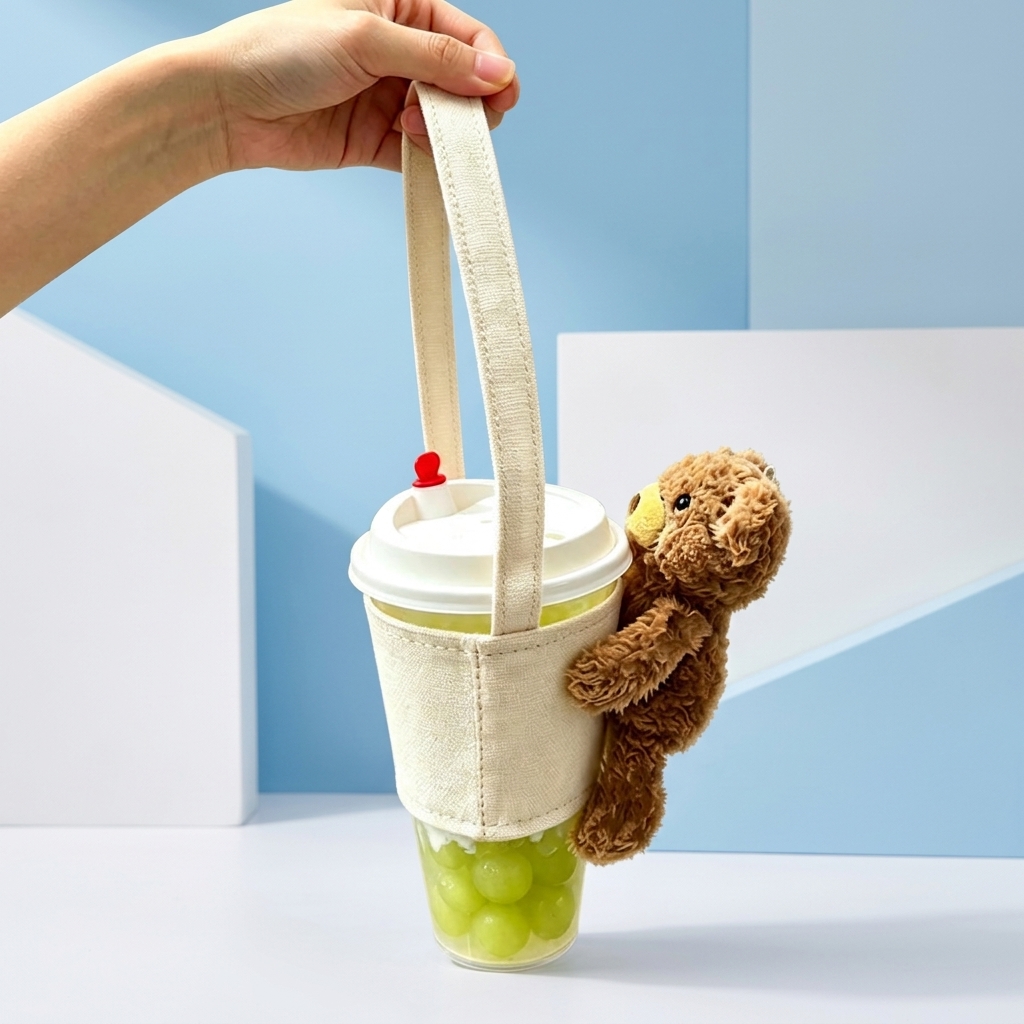 Custom Plush Bear Coffee Cup Sleeve with Removable Doll