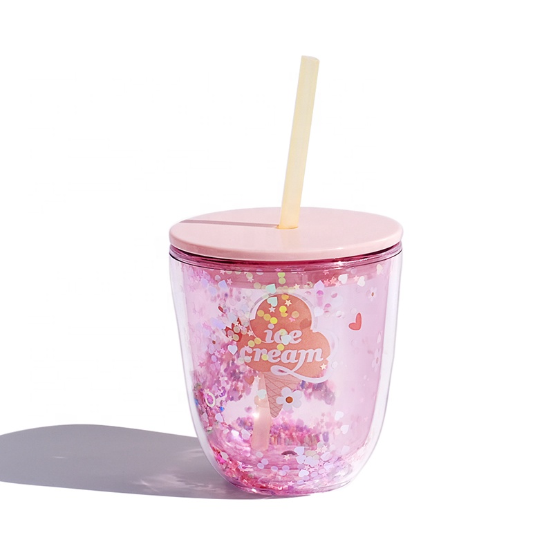 Double Wall Plastic Cup with Lid and Straw