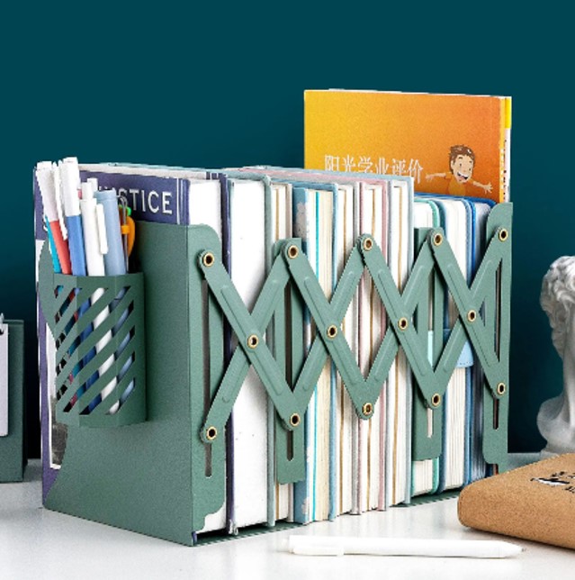 Extendable metal book bookends with pen holder