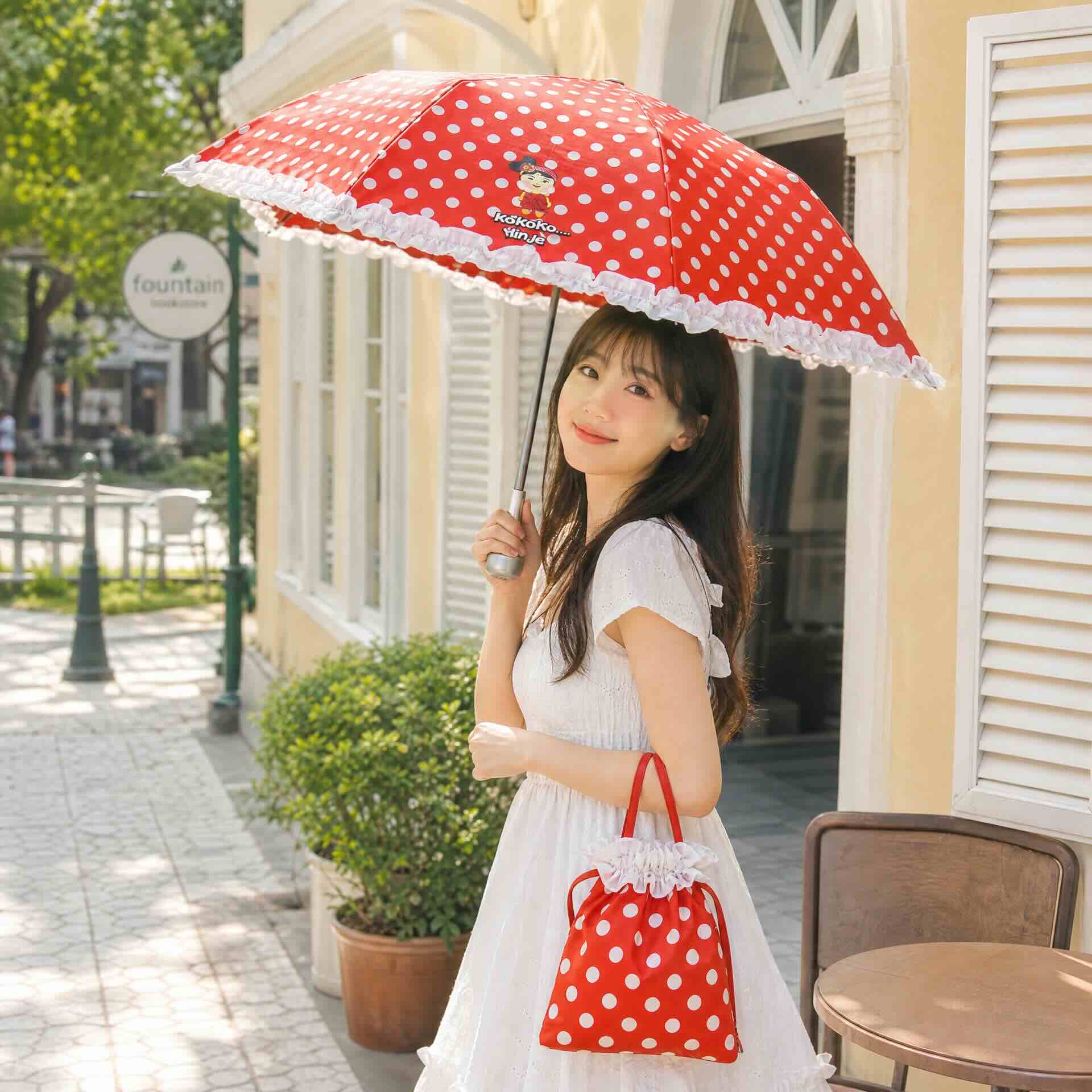 日系甜美紅底白點荷葉邊雨傘連同款束口提袋