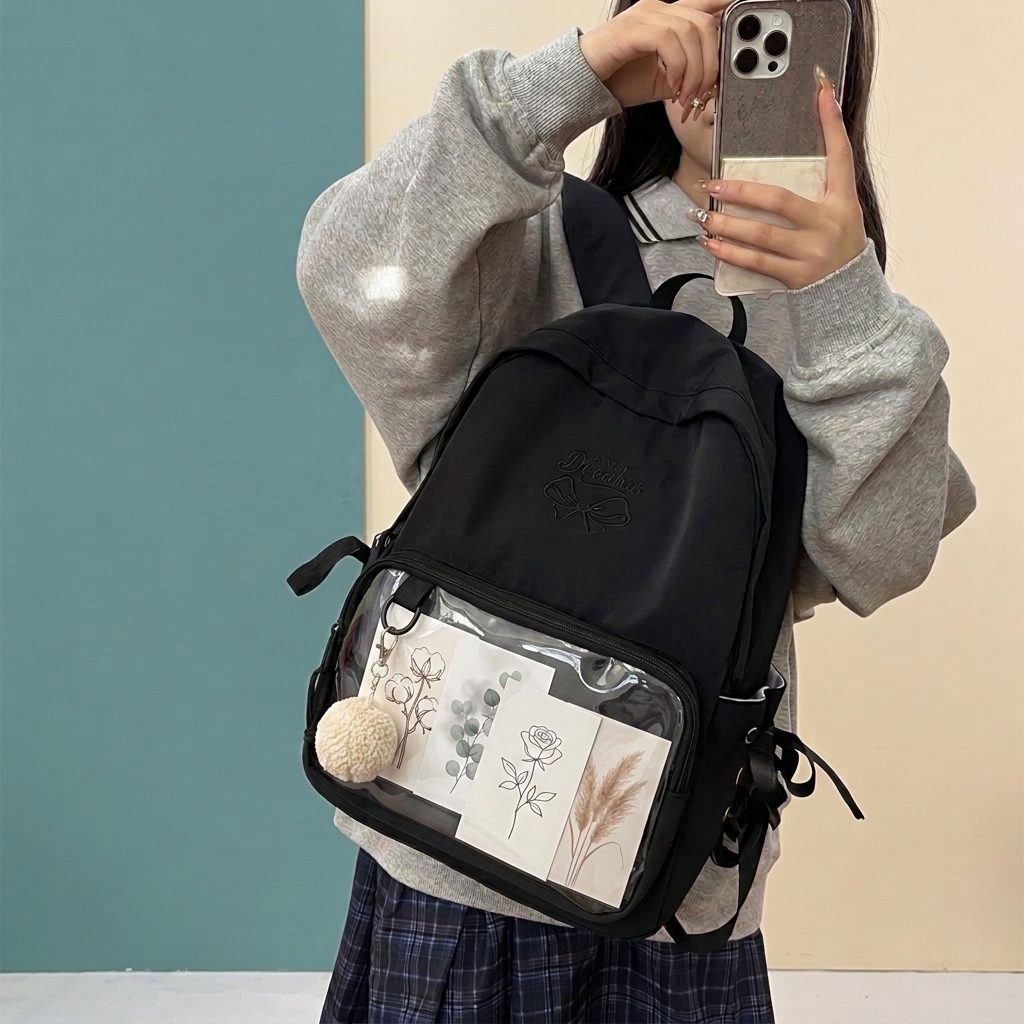 Custom Forest-Style Anime Cartoon Nylon Backpack with Curved Shoulder Straps