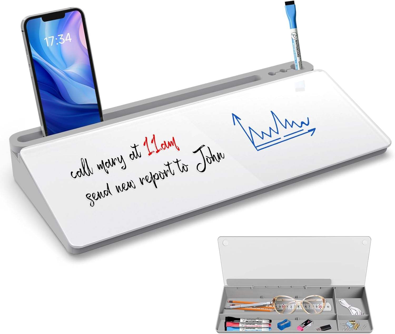 Desk Organiser Whiteboard With Grey Drawer Notepad and Keyboard Stand