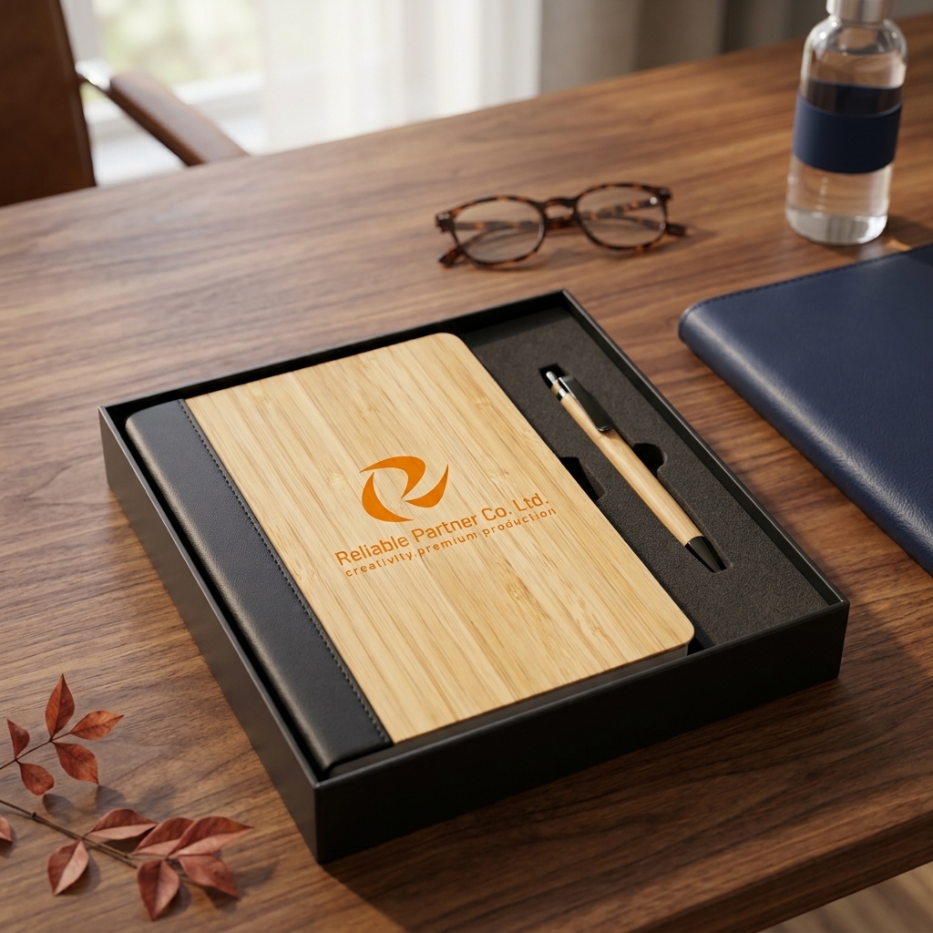 Bamboo Panel Notebook & Wooden Pen Set (Custom Logo)