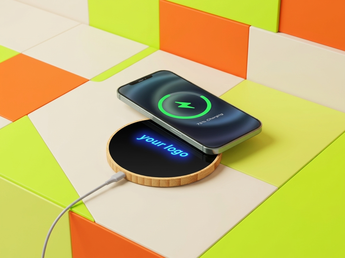 15W Light Up Logo Round Bamboo Fast Wireless Charger | Slim Eco-Friendly Corporate Gift