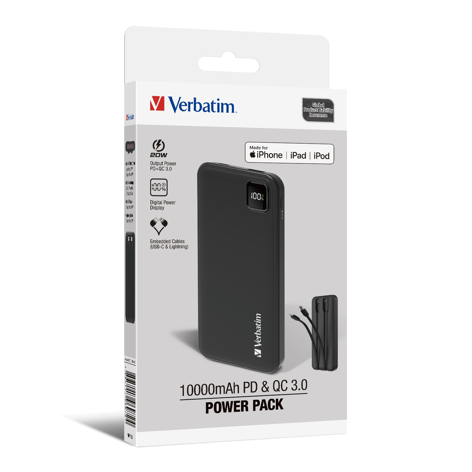 Verbatim - 10000mAh PD 3.0 和 QC 3.0 流動充電池 (連嵌入式充電線)