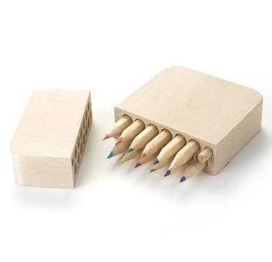Colored pencils in wooden box