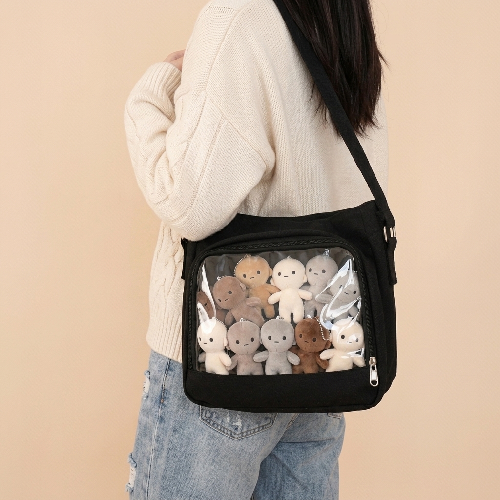 Reusable Canvas Ita Crossbody Bag with Clear Pin Display Window