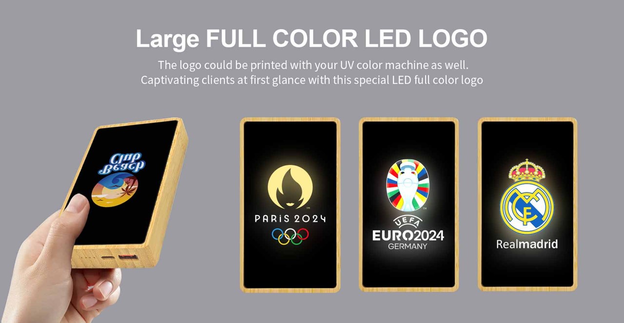 竹製行動電源帶有全彩 LED 發光標誌印刷