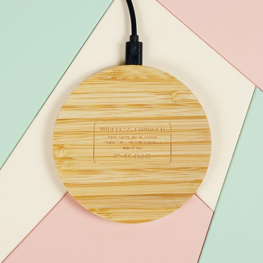 15W Light Up Logo Round Bamboo Fast Wireless Charger