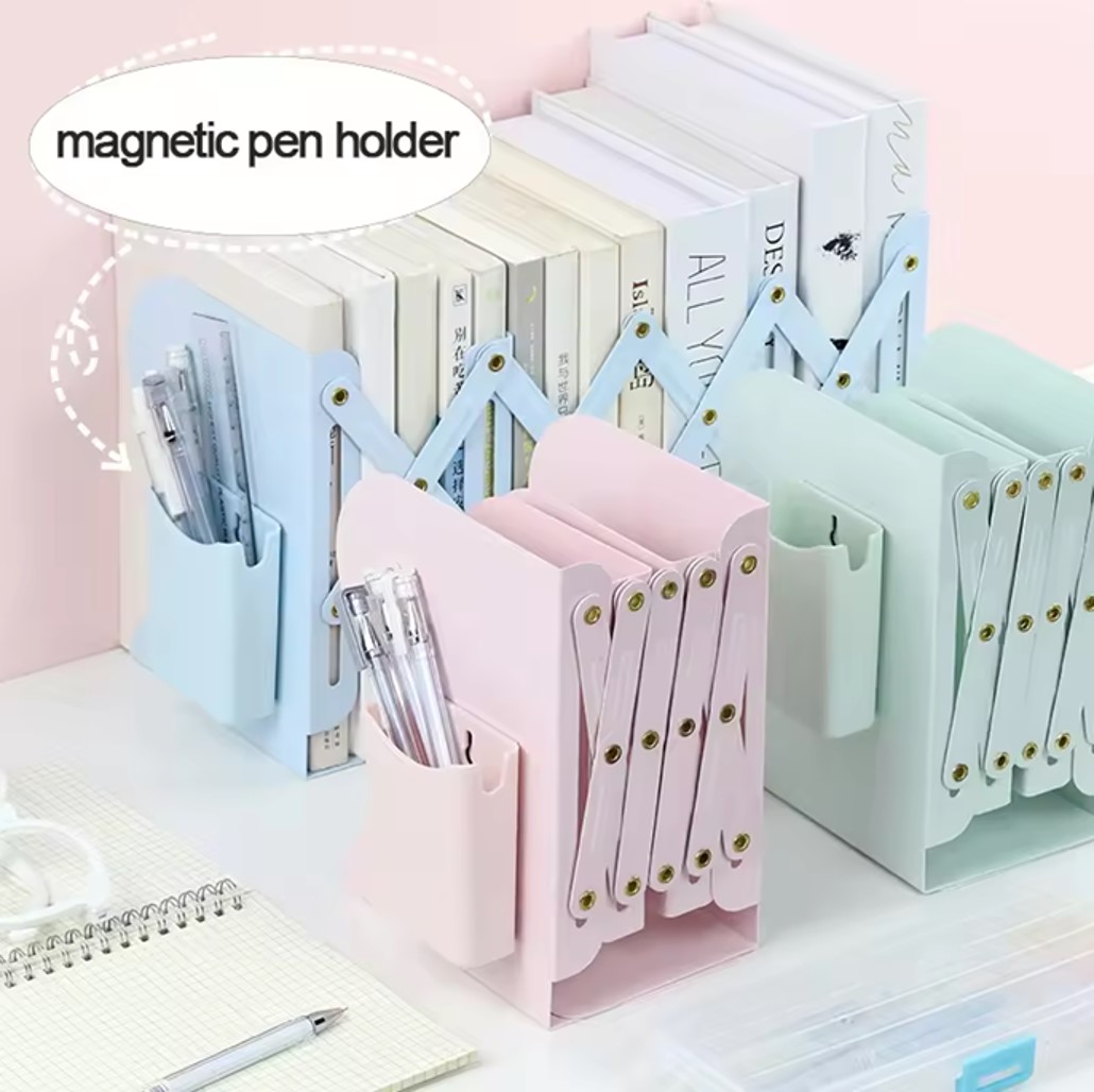 Extendable metal book bookends with pen holder