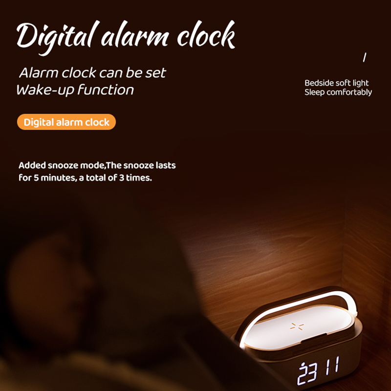 Wireless charging with speaker night light clock phone holder