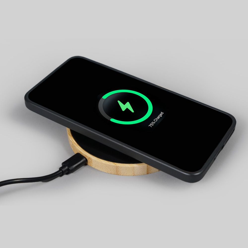 15W Light Up Logo Round Bamboo Fast Wireless Charger
