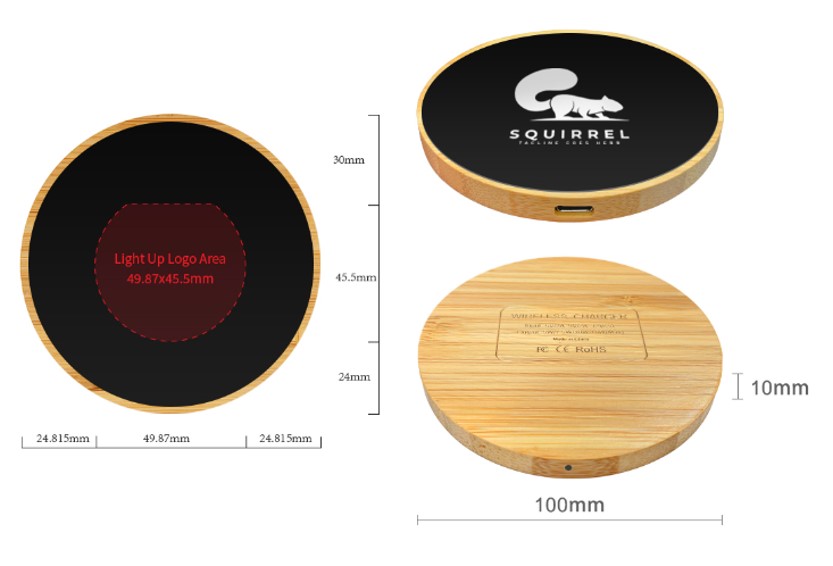 15W Light Up Logo Round Bamboo Fast Wireless Charger | Slim Eco-Friendly Corporate Gift