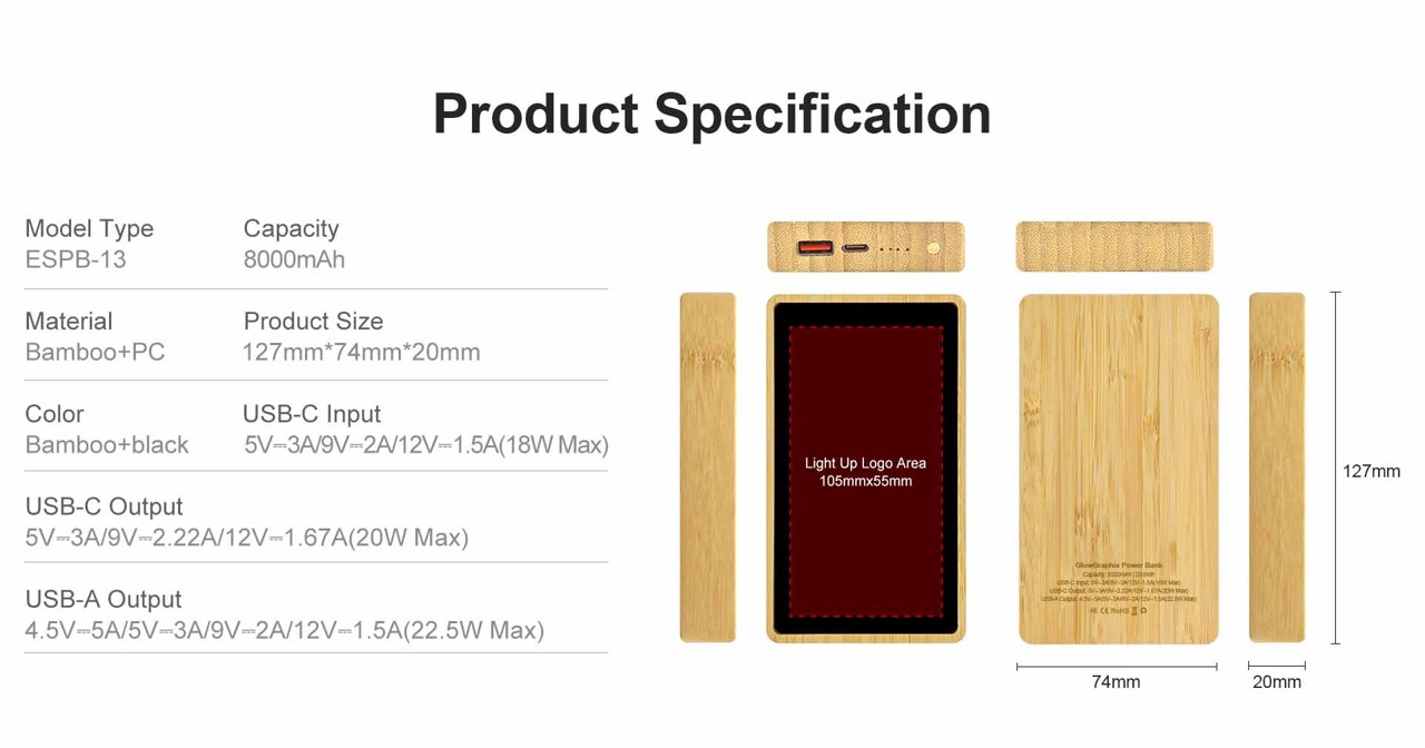 竹製行動電源帶有全彩 LED 發光標誌印刷