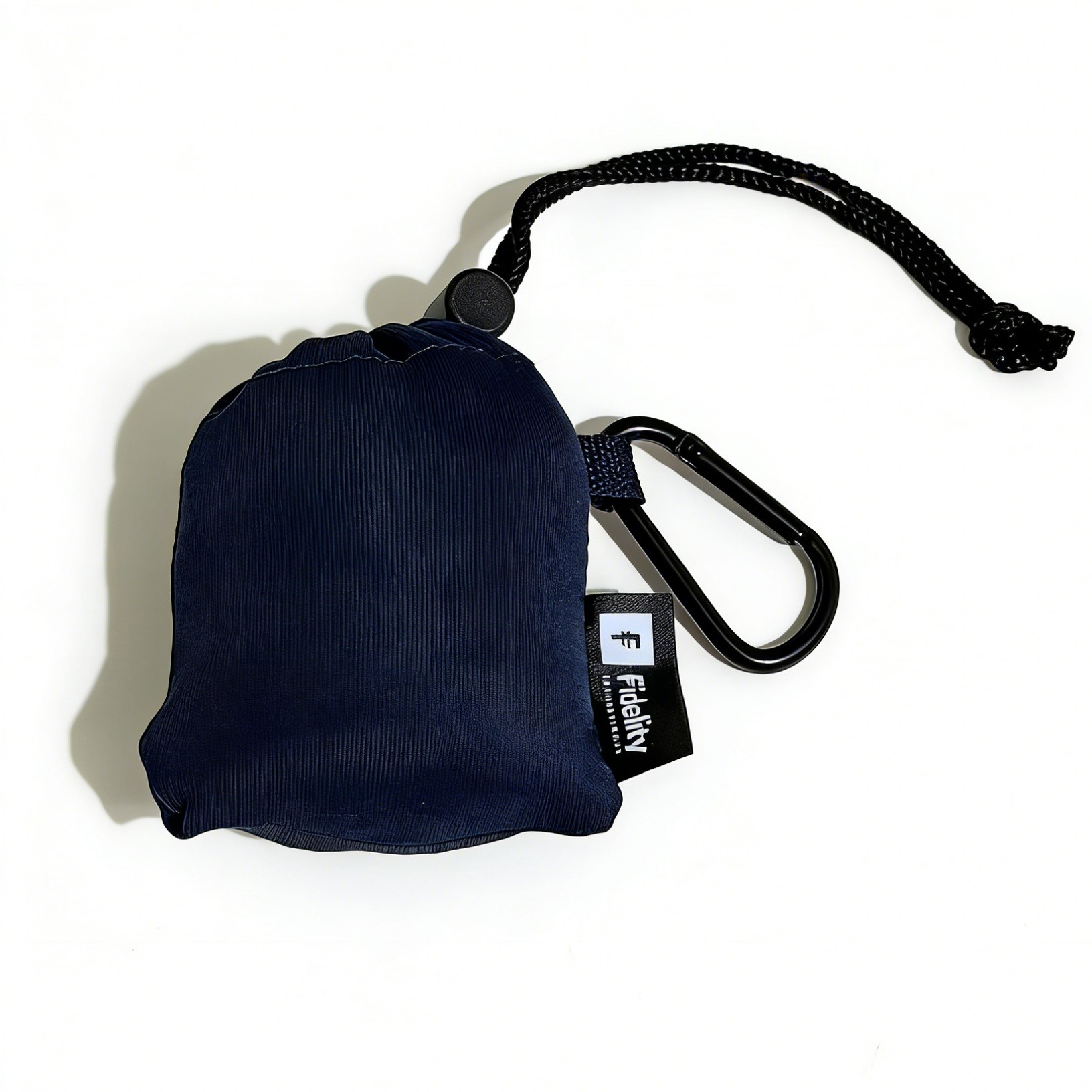 Foldable shopping bag with a drawstring pouch and a carabiner