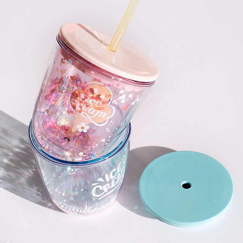 Double Wall Plastic Cup with Lid and Straw
