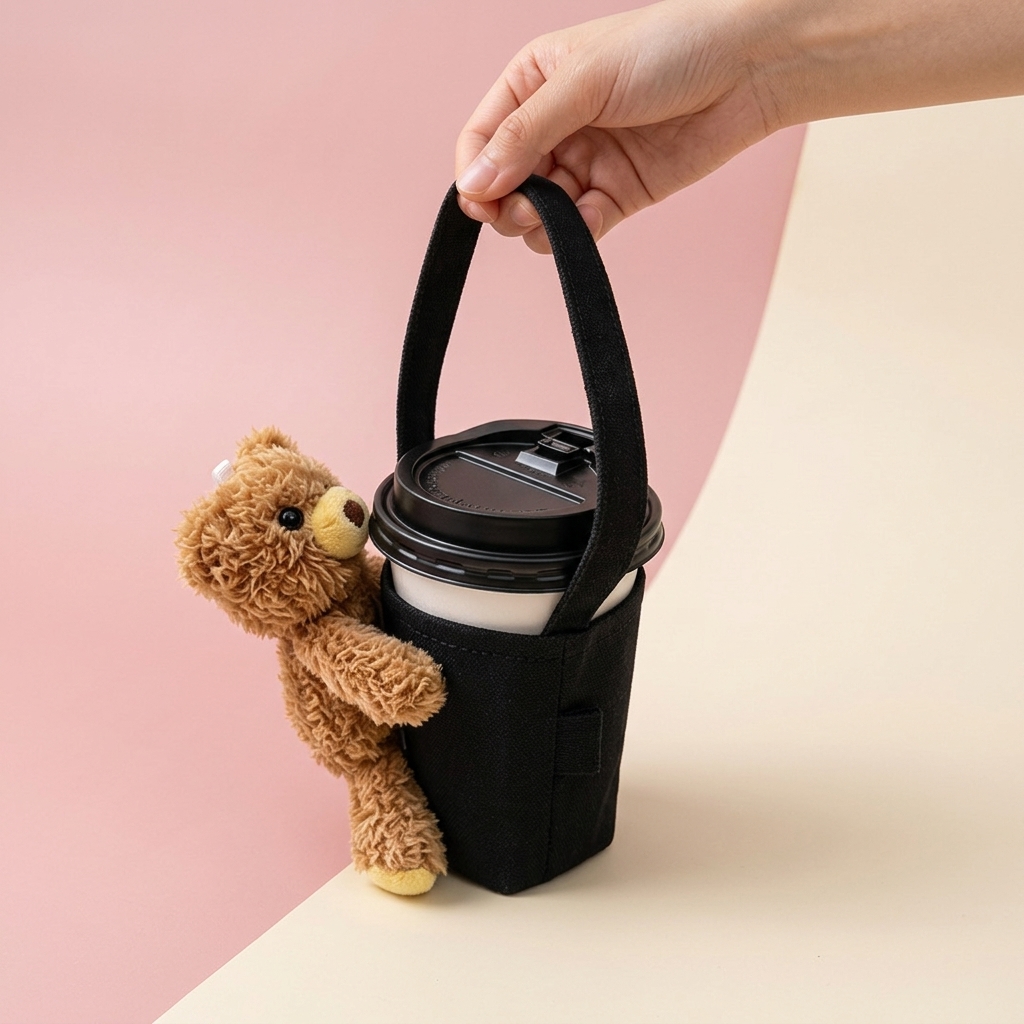 Custom Plush Bear Coffee Cup Sleeve with Removable Doll