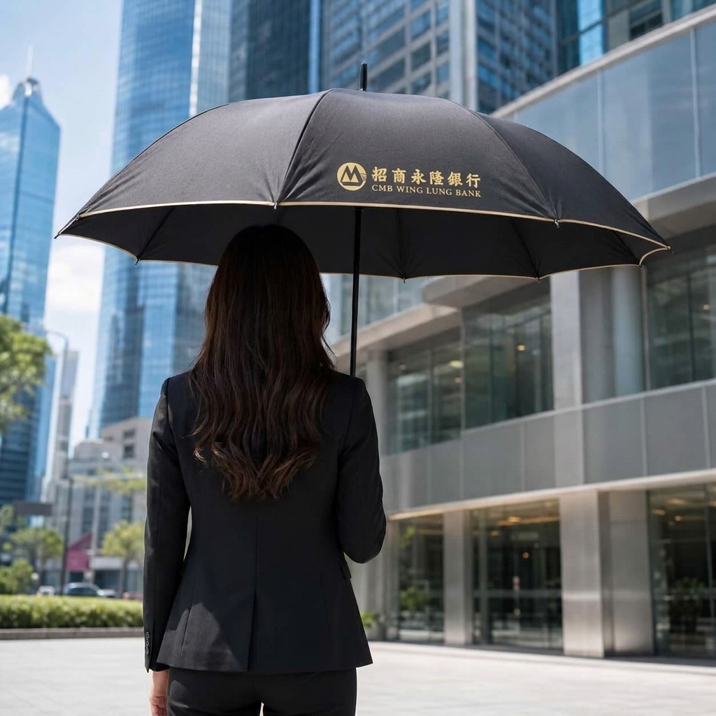 CMB Wing Lung Bank Custom Straight Umbrella | Premium Wooden J-Handle Design