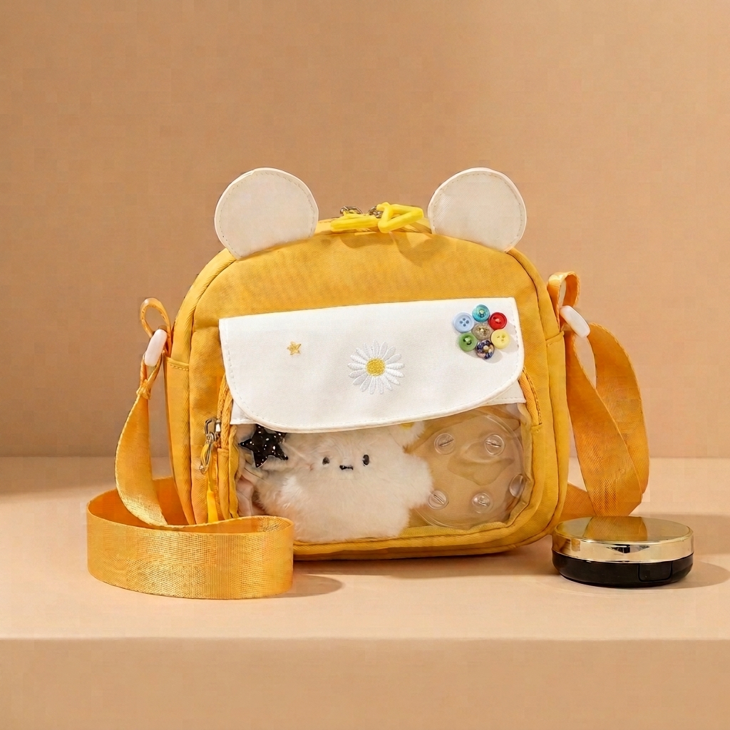 Kawaii Bear Ear Ita Crossbody Bag with Clear Badge Display Window