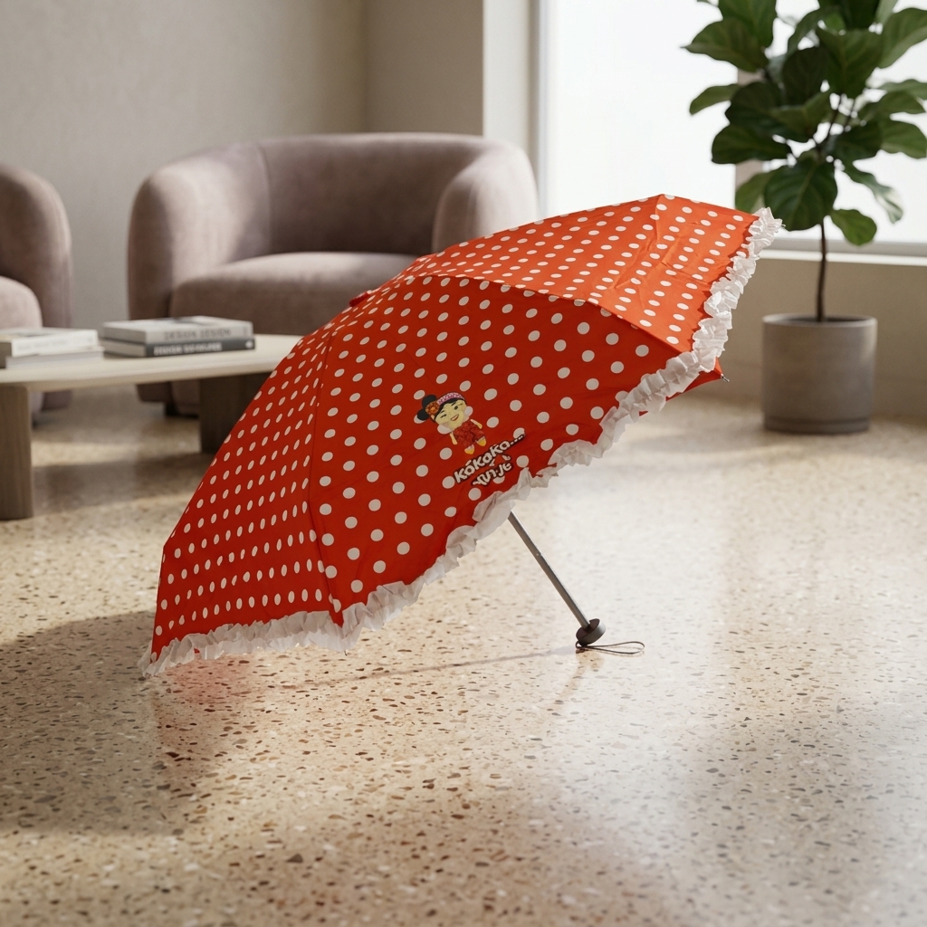 Kawaii Red Polka Dot Ruffle Umbrella with Matching Drawstring Bag | Kawaii Collectible Promotional Umbrella