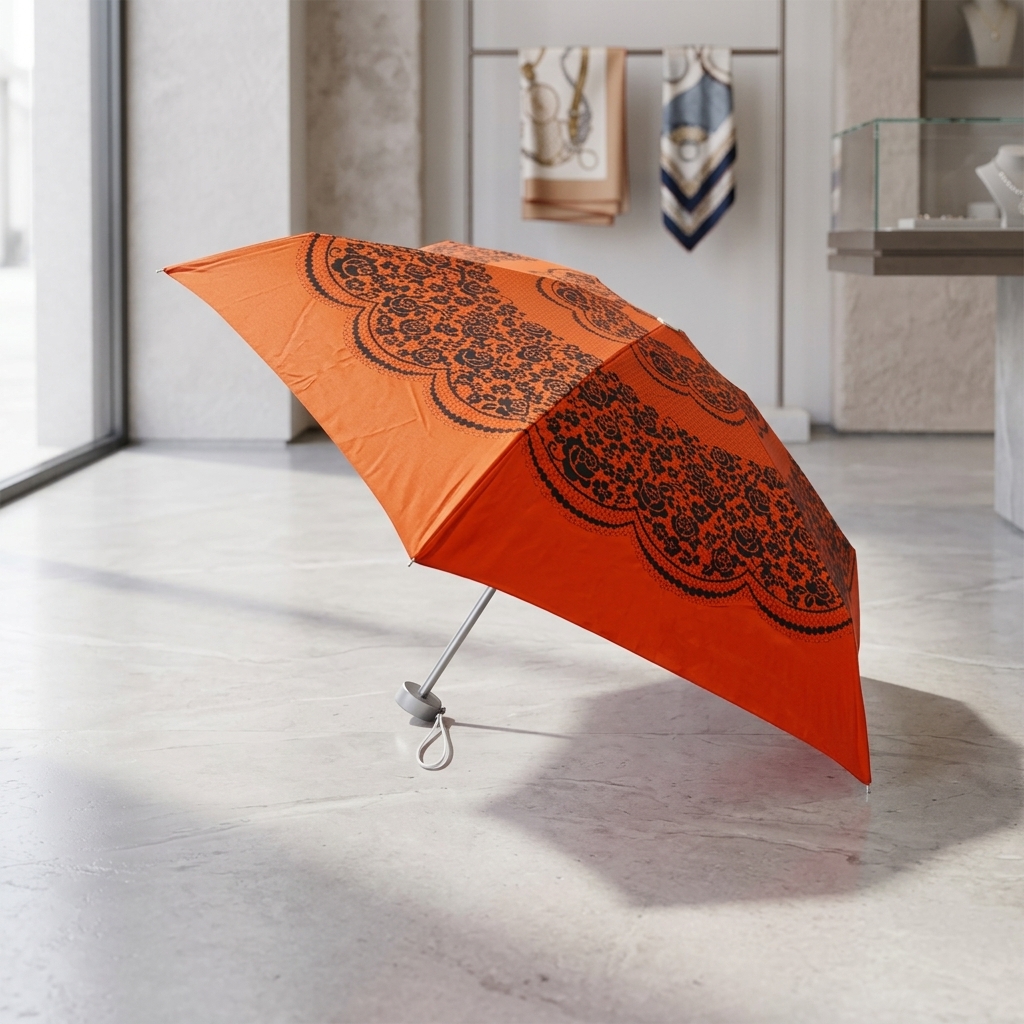 Vintage Lace & Rose Pattern Orange-Red Foldable Umbrella with Matching Zipper Pouch: Marketing & Branding Asset