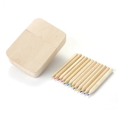 Colored pencils in wooden box