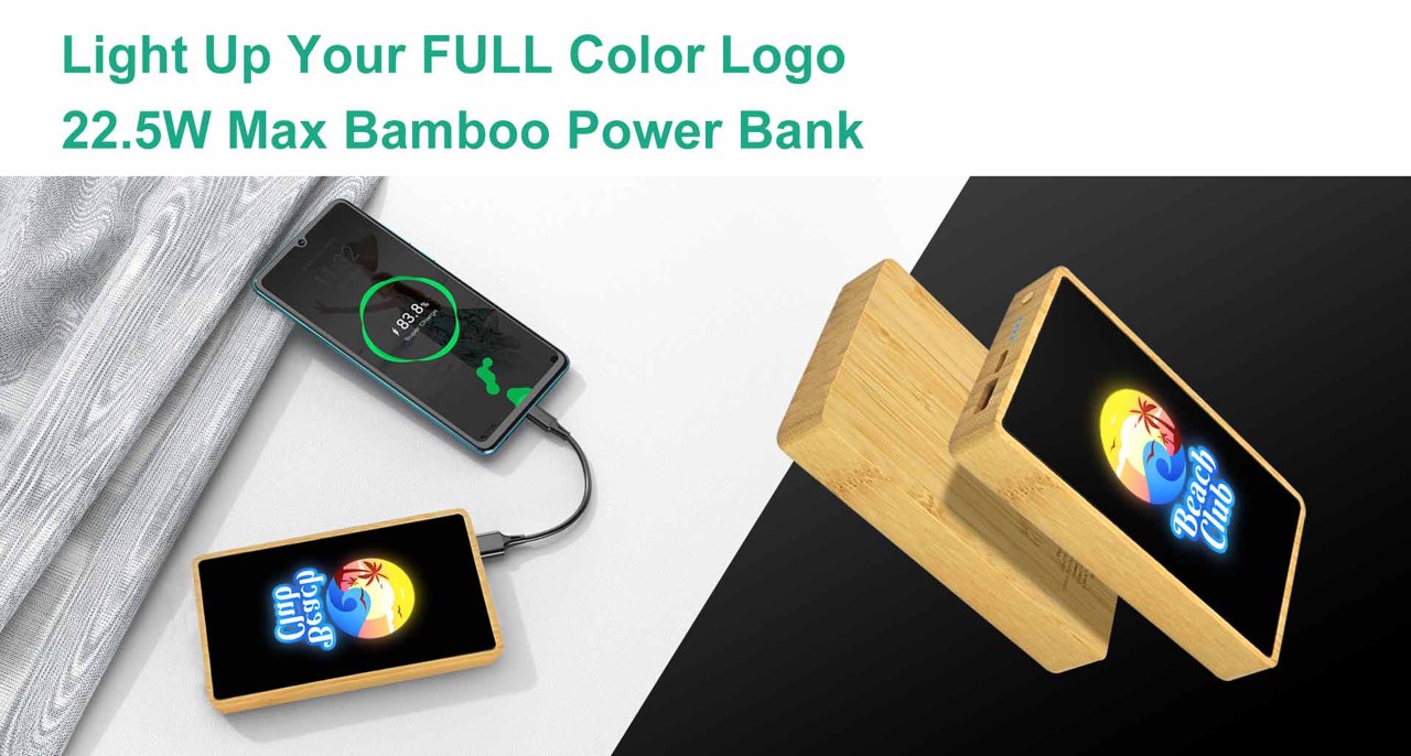 竹製行動電源帶有全彩 LED 發光標誌印刷