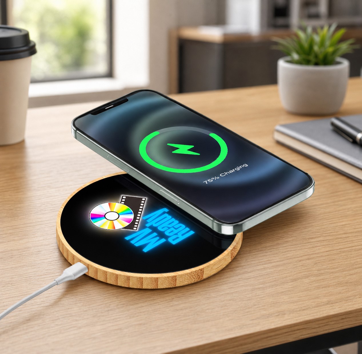15W Light Up Logo Round Bamboo Fast Wireless Charger