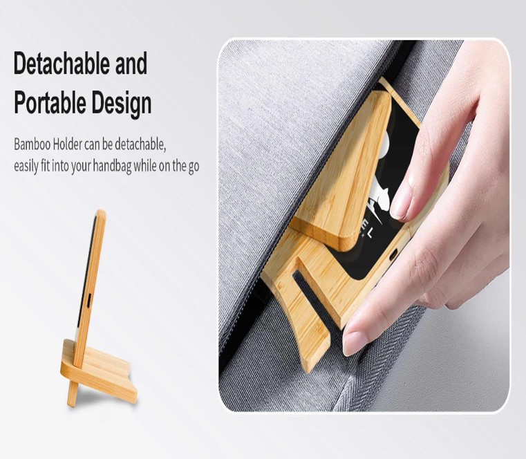 15W Detachable Light Up Logo Bamboo Wireless Charger Stand