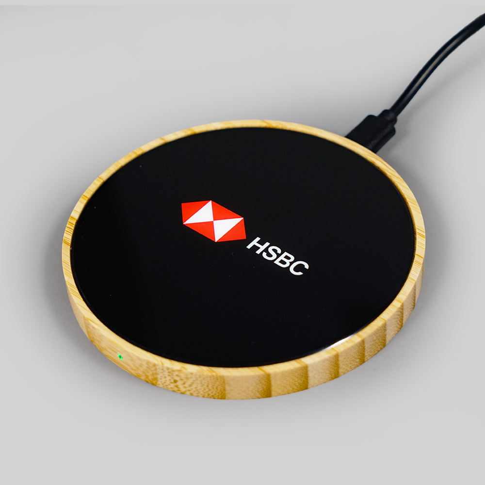 15W Light Up Logo Round Bamboo Fast Wireless Charger