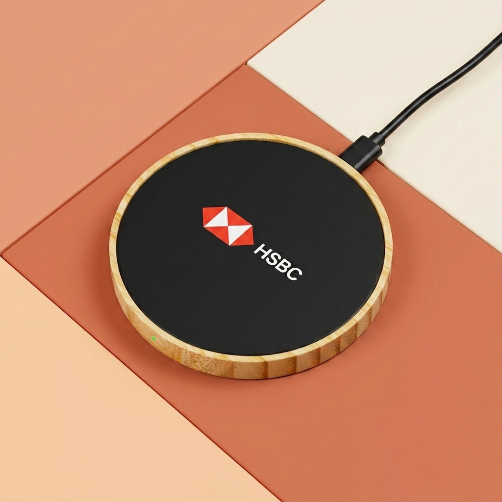 15W Light Up Logo Round Bamboo Fast Wireless Charger
