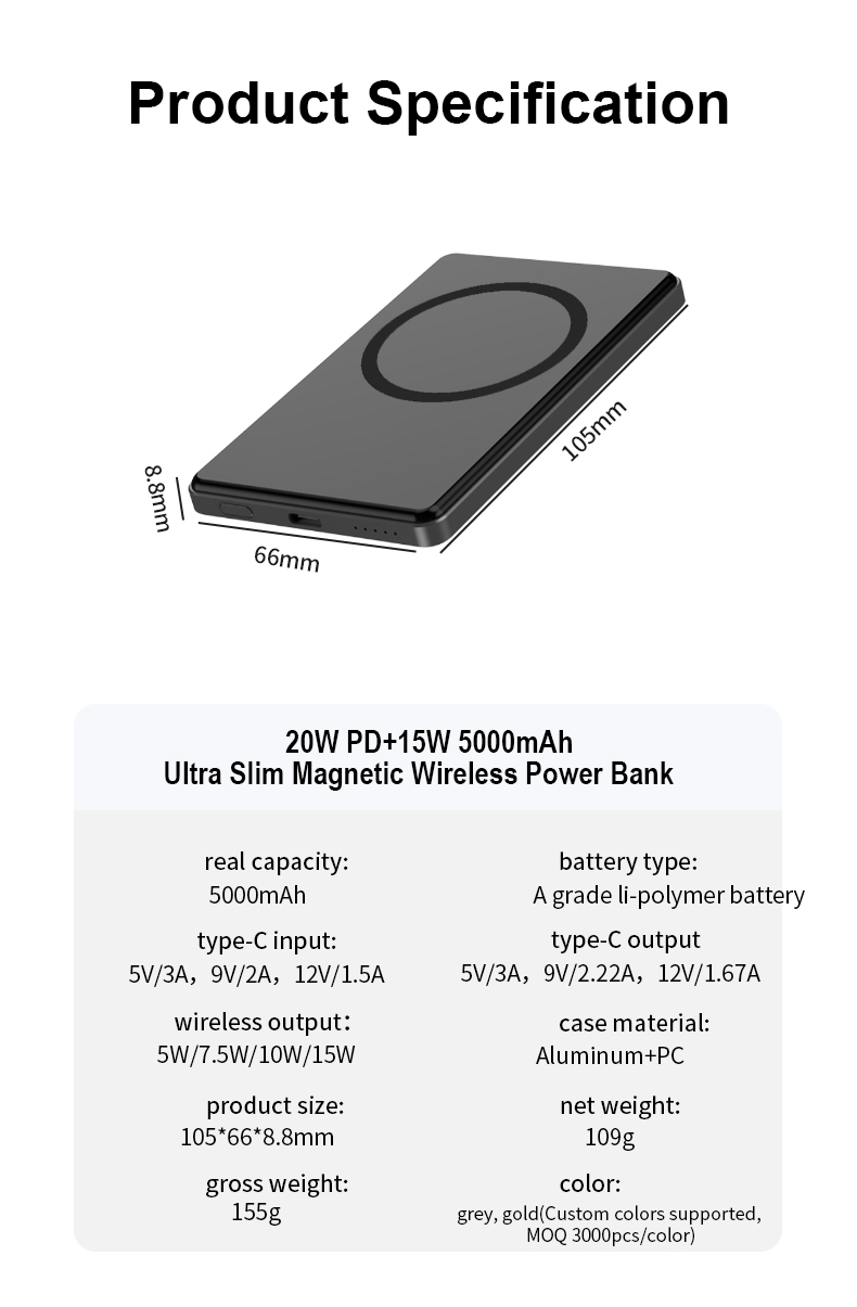 20W PD+15W 5000mah超薄磁吸無線行動電源