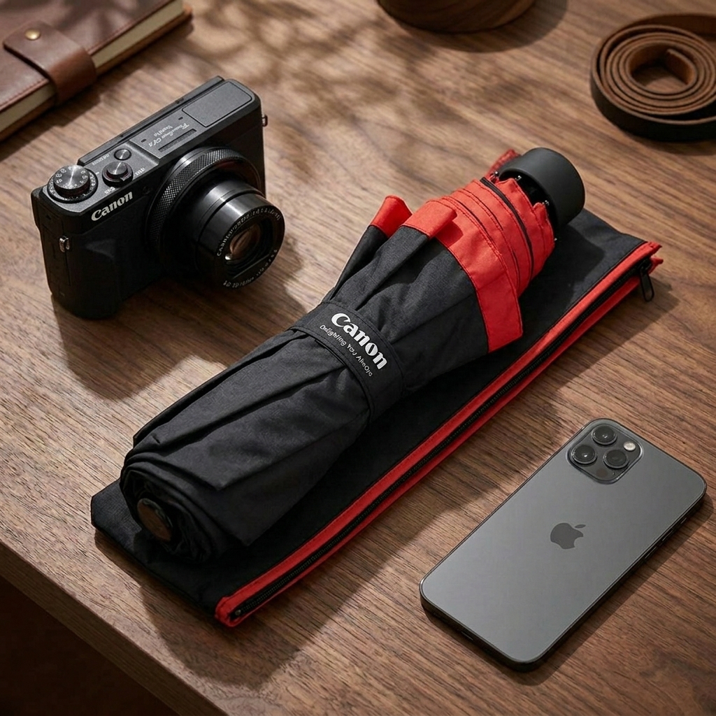 Canon Brand Foldable Umbrella | Black with Signature Red Edge