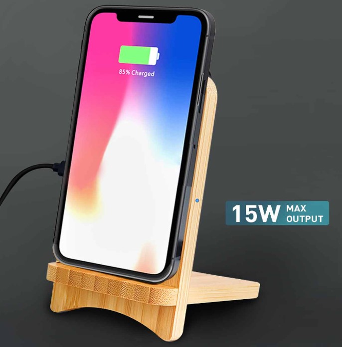 15W Detachable Light Up Logo Bamboo Wireless Charger Stand