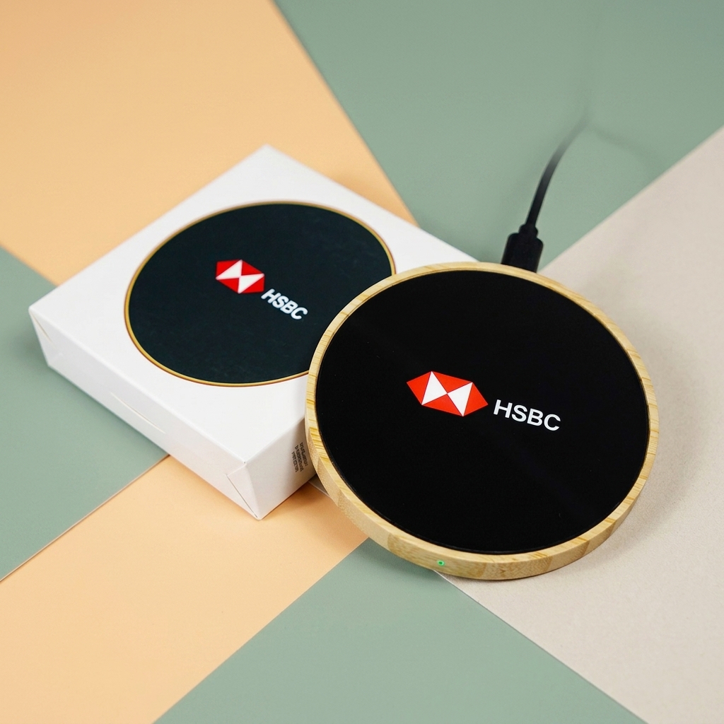 15W Light Up Logo Round Bamboo Fast Wireless Charger