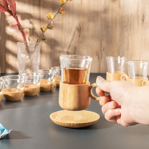 Bamboo Bottom Handle cup glass tea cup
