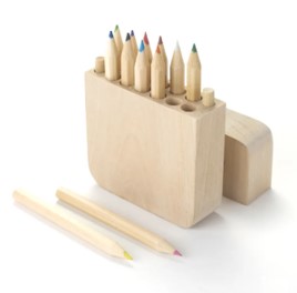 Colored pencils in wooden box